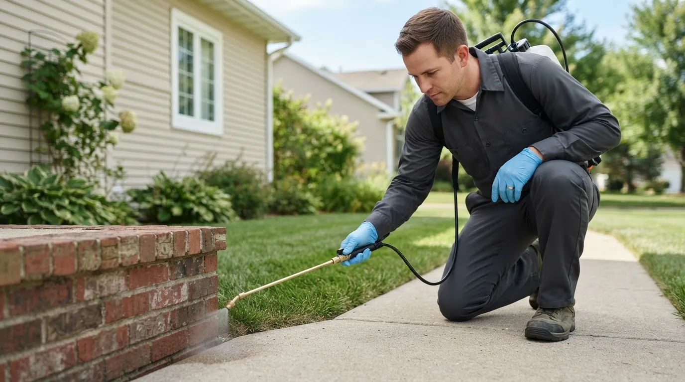 Pest control technician treating a home near Spencerville, MD